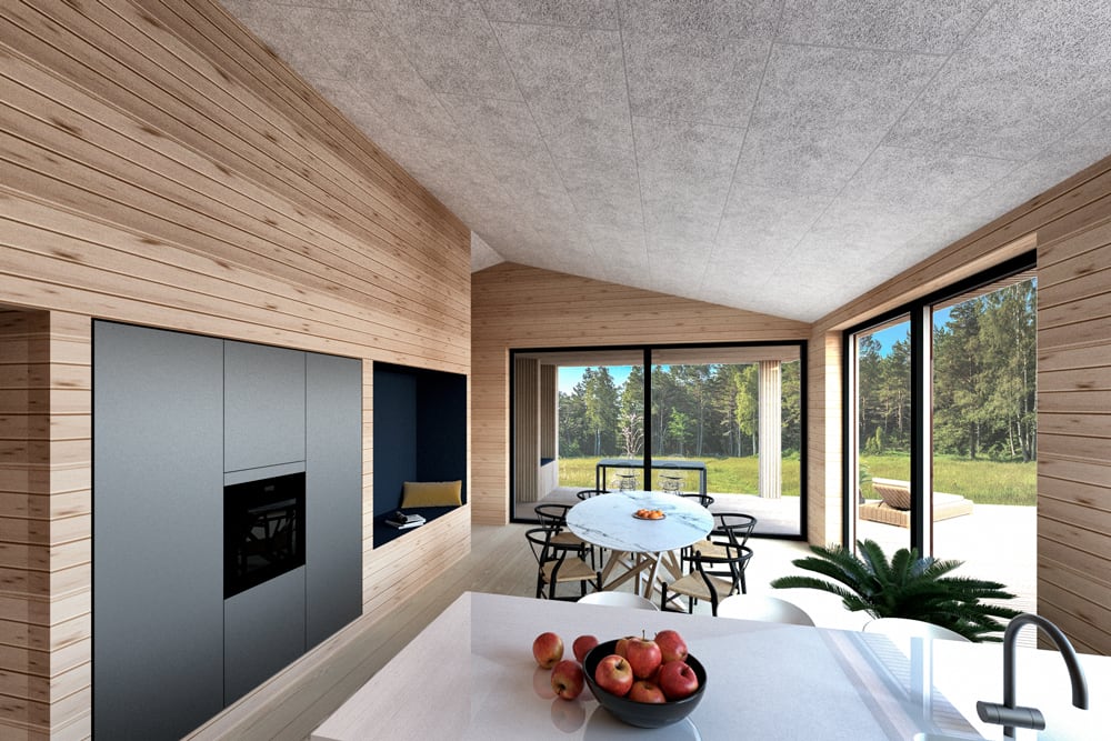 3D visualisering af hus vist indefra et køkken og en spisestue